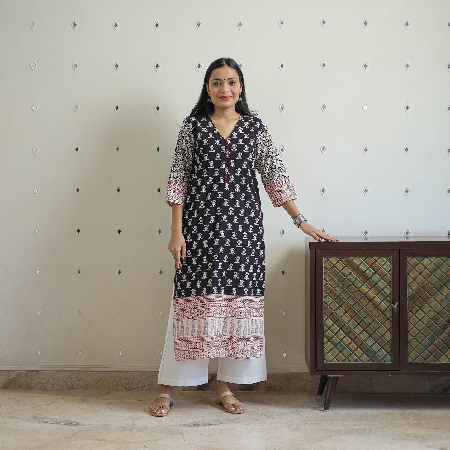 Buy Black Block Print Cotton Straight Bagh Kurta For Women