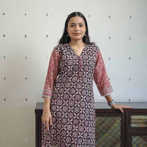  Black - Block Print Cotton Straight Bagh Kurta for Women