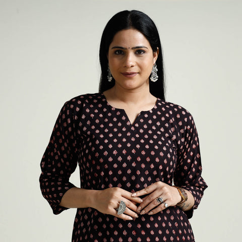 Black Block Print Cotton Straight Bagh Kurta for Women