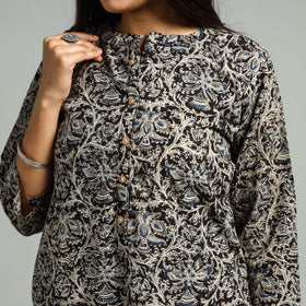 Black Block Print Cotton Straight Kalamkari Kurta