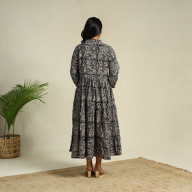 Black Block Print Cotton Tiered Kalamkari Dress