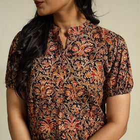 Black Block Print Cotton Tiered Kalamkari Dress