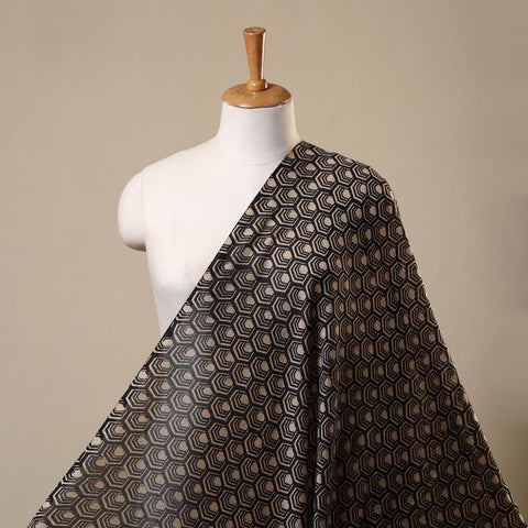 Black Block Print Chanderi Silk Natural Dyed Ajrakh Fabric