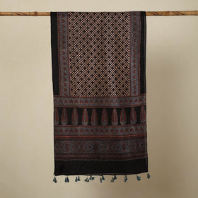 Black Block Print Mul Cotton Ajrakh Stole With Tassels