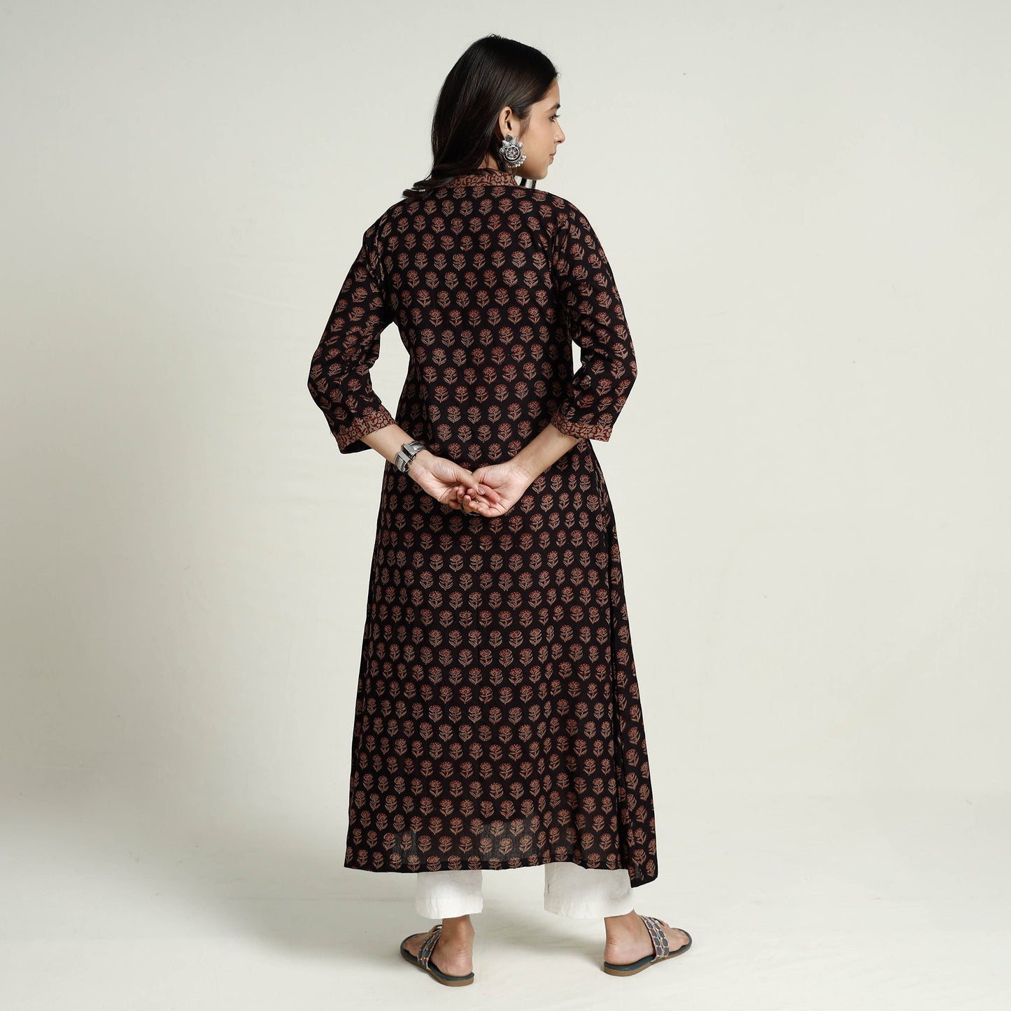 Black Block Print Mul Cotton A-Line Bagh Kurta For Women