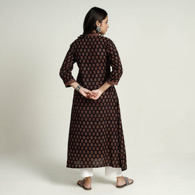 Black Block Print Mul Cotton A-Line Bagh Kurta For Women