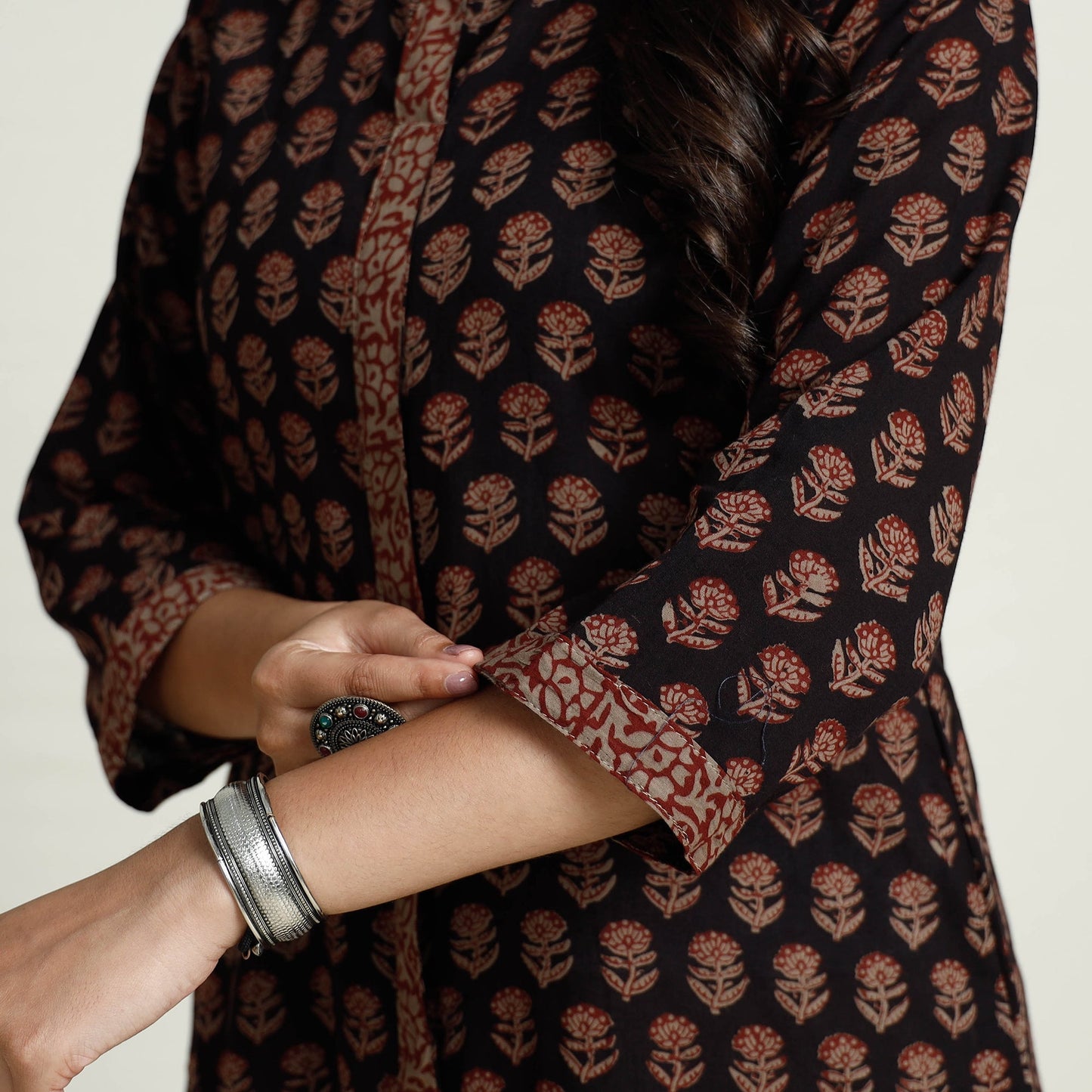 Black Block Print Mul Cotton A-Line Bagh Kurta For Women