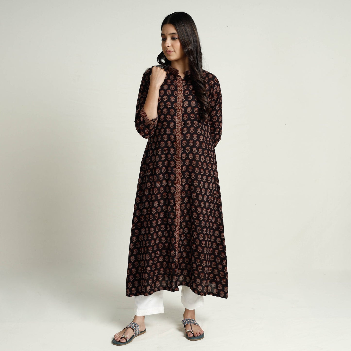Black Block Print Mul Cotton A-Line Bagh Kurta For Women