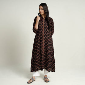 Black Block Print Mul Cotton A-Line Bagh Kurta For Women