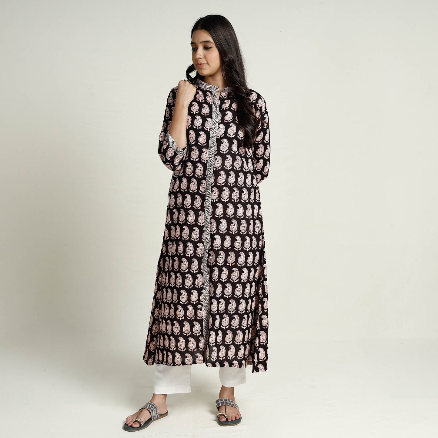 Black Block Print Mul Cotton A-Line Bagh Kurta For Women