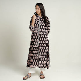 Black Block Print Mul Cotton A-Line Bagh Kurta For Women
