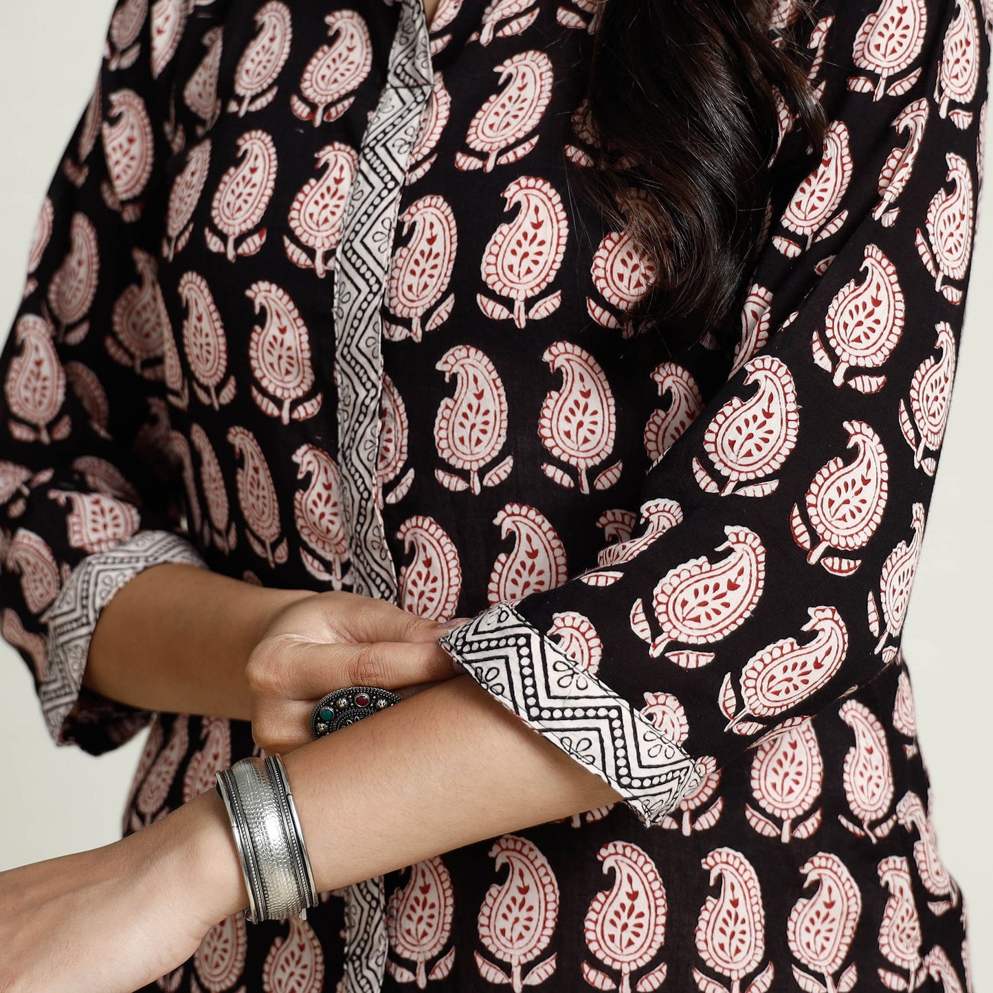 Black Block Print Mul Cotton A-Line Bagh Kurta For Women