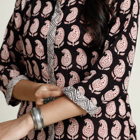 Black Block Print Mul Cotton A-Line Bagh Kurta For Women