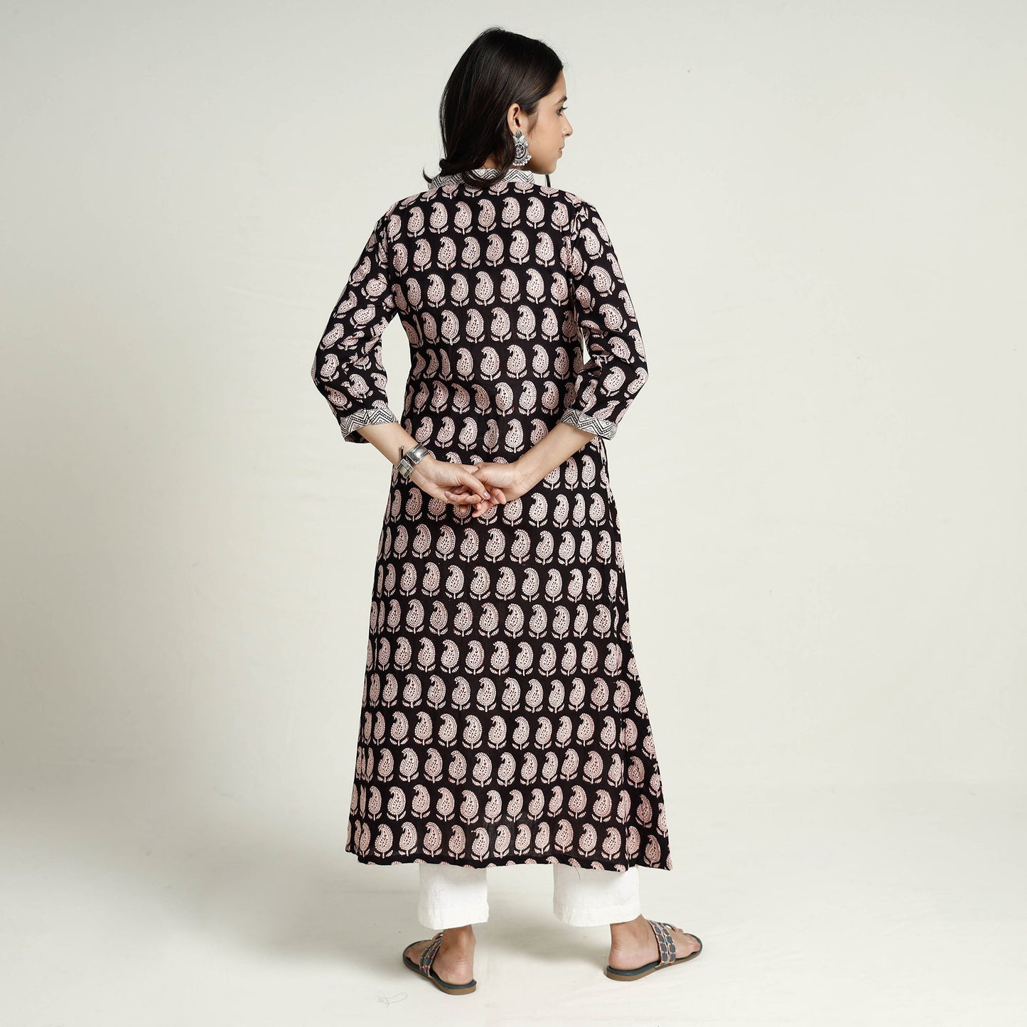 Black Block Print Mul Cotton A-Line Bagh Kurta For Women