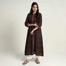 Black Block Print Mul Cotton A-Line Bagh Kurta For Women