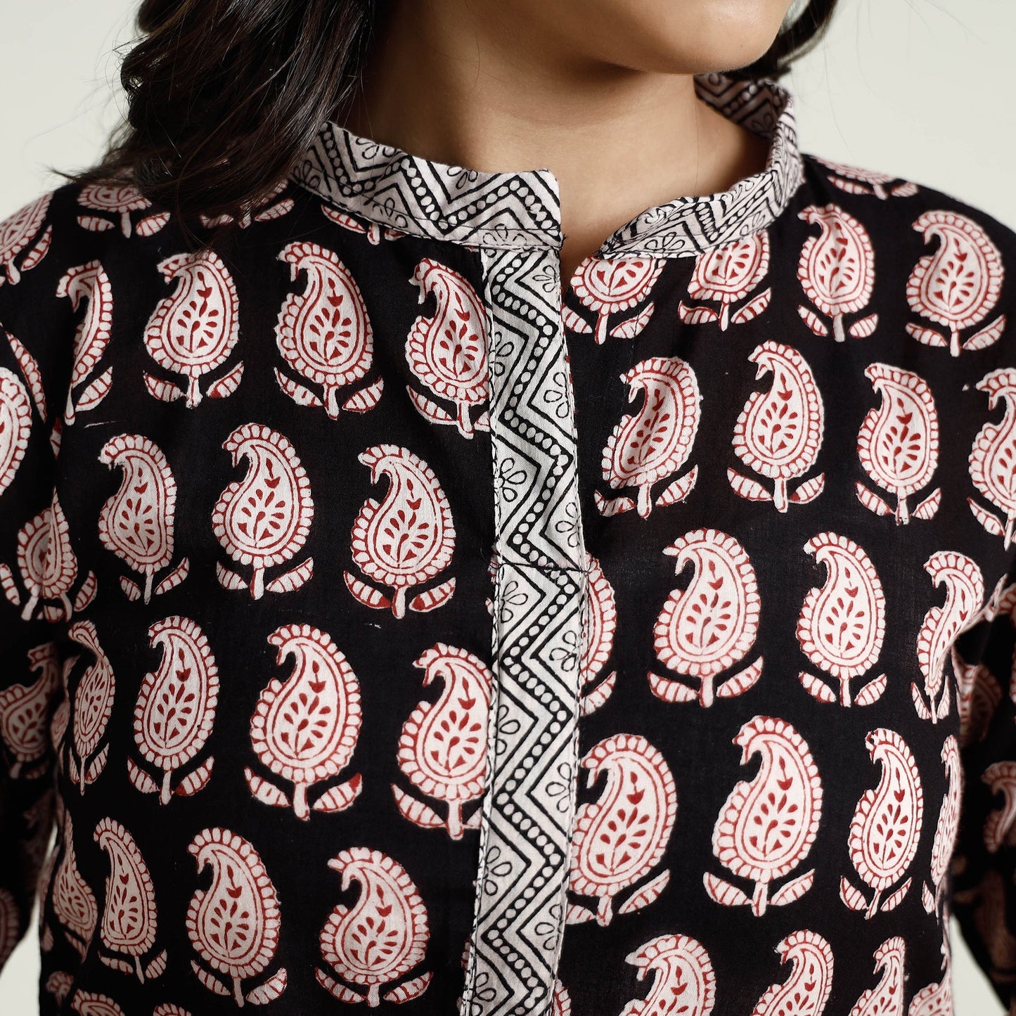 Black Block Print Mul Cotton A-Line Bagh Kurta For Women