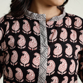 Black Block Print Mul Cotton A-Line Bagh Kurta For Women