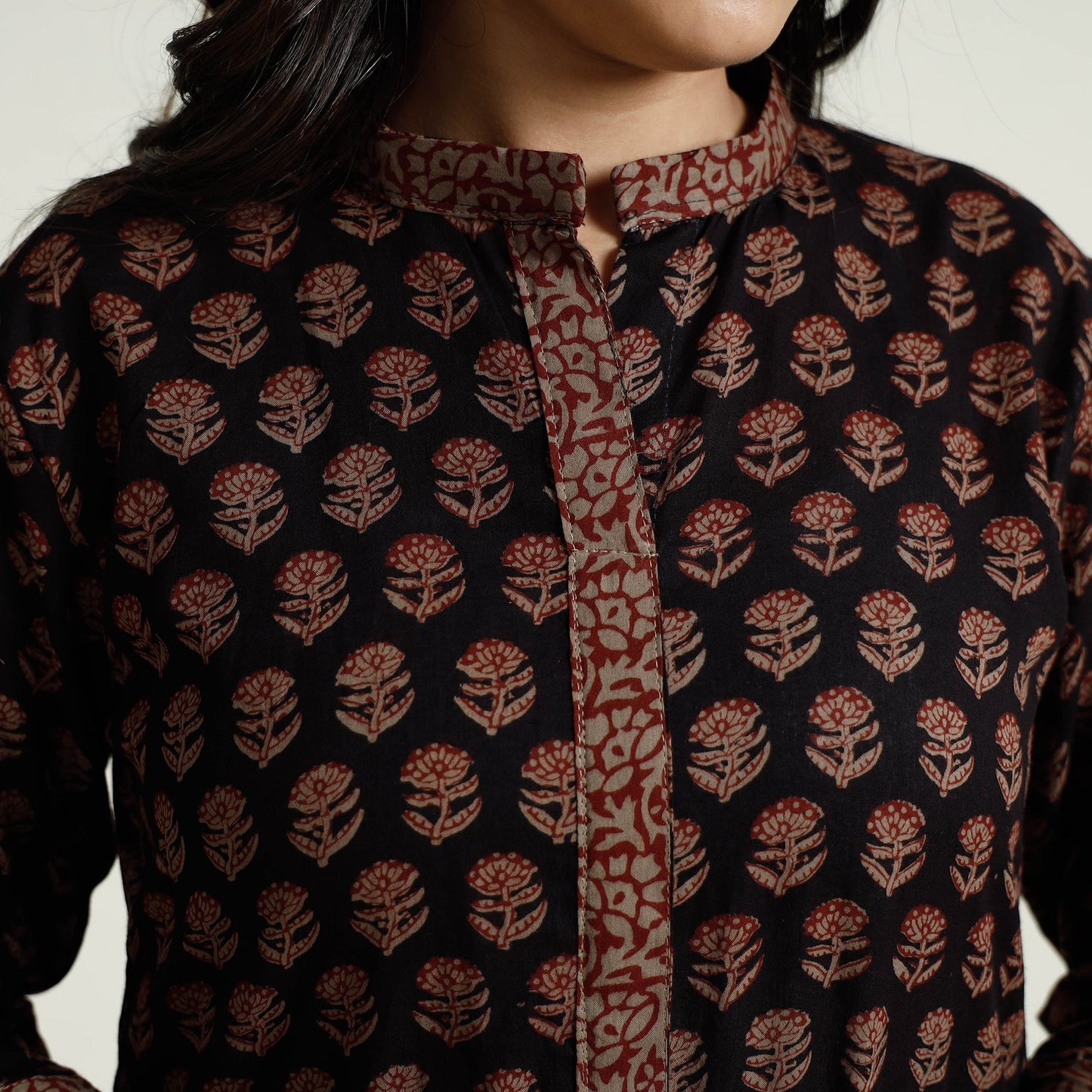 Black Block Print Mul Cotton A-Line Bagh Kurta For Women