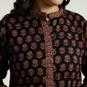 Black Block Print Mul Cotton A-Line Bagh Kurta For Women