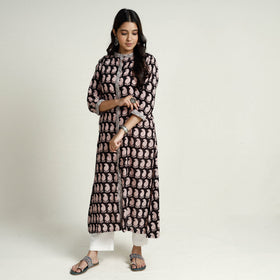 Black Block Print Mul Cotton A-Line Bagh Kurta For Women