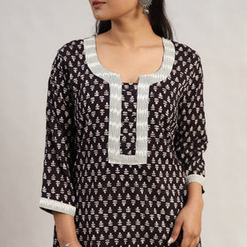 Black Block Print Mul Cotton Straight Bagh Kurta for Women
