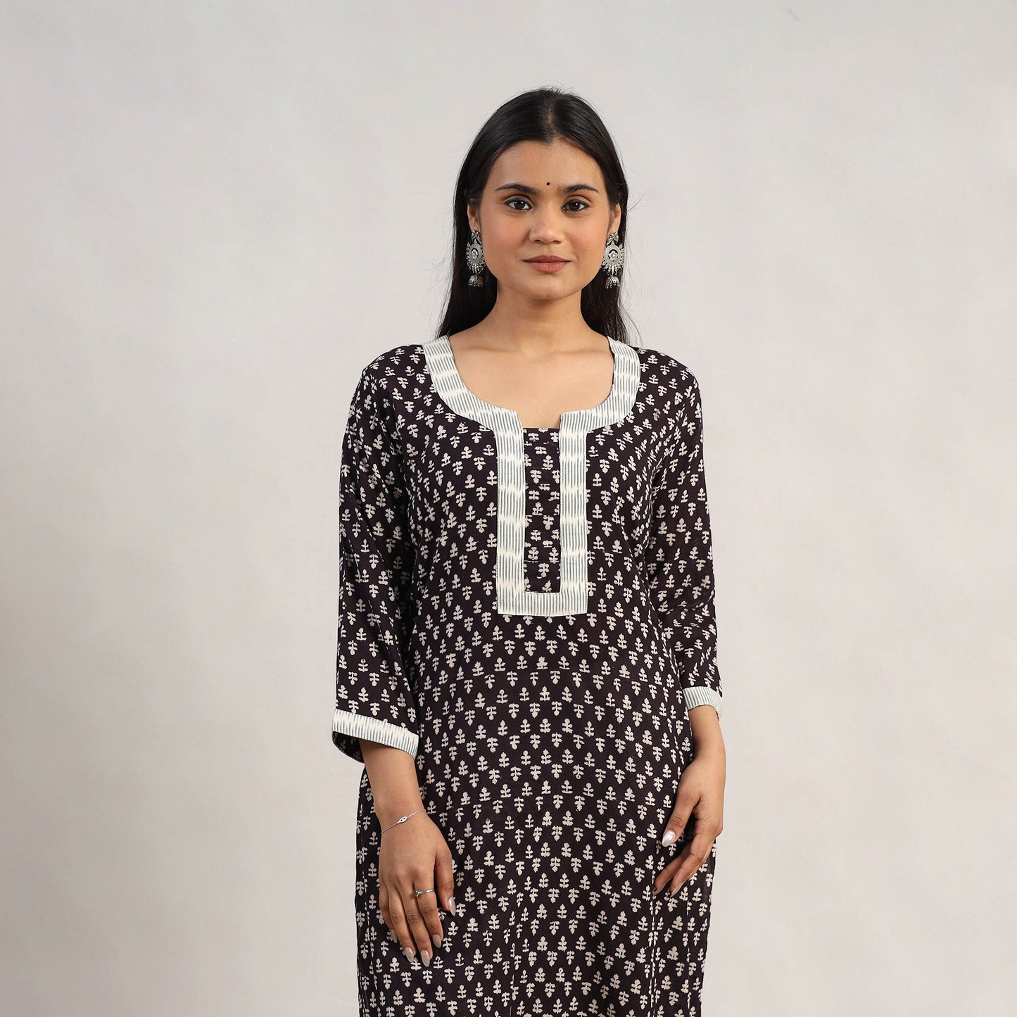 Black Block Print Mul Cotton Straight Bagh Kurta for Women