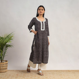 Black Block Print Mul Cotton Straight Bagh Kurta for Women