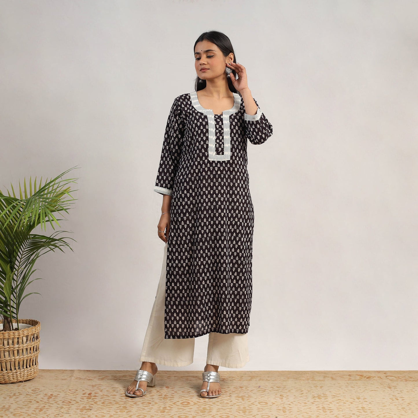 Black Block Print Mul Cotton Straight Bagh Kurta for Women