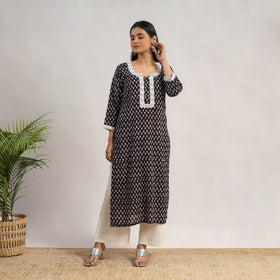 Black Block Print Mul Cotton Straight Bagh Kurta for Women