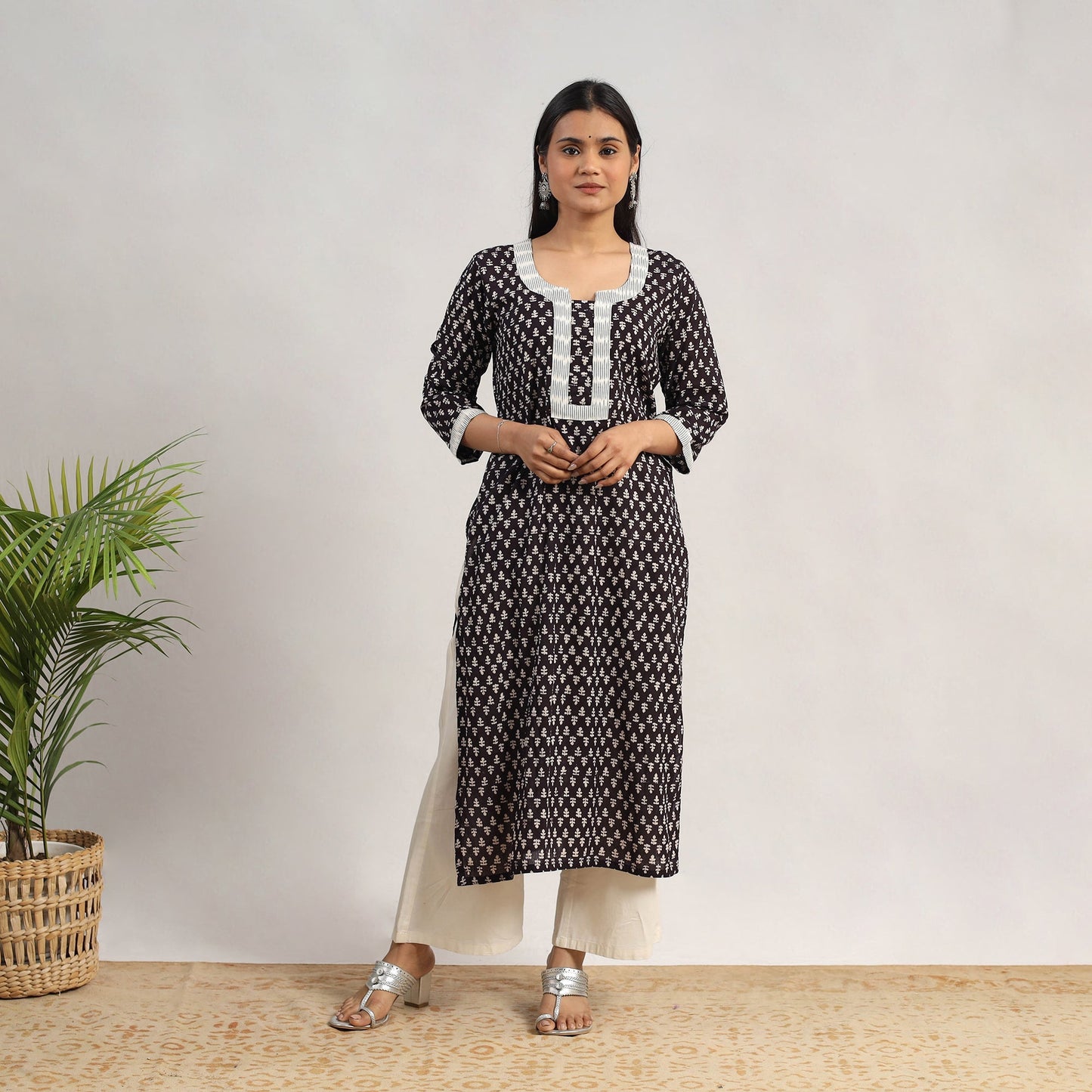 Black Block Print Mul Cotton Straight Bagh Kurta for Women