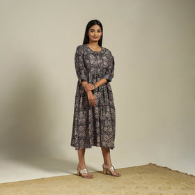 Black Block Print Natural Dyed Cotton Flared Kalamkari Dress