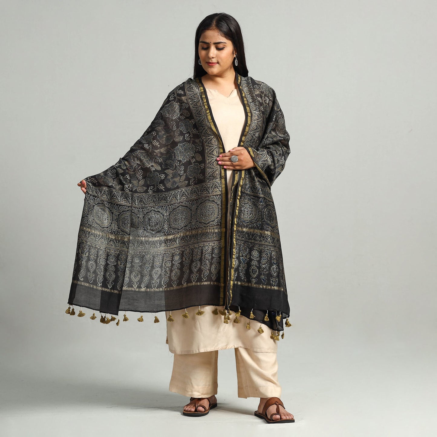 Black - Block Print Chanderi Silk Handloom Ajrakh Dupatta 20