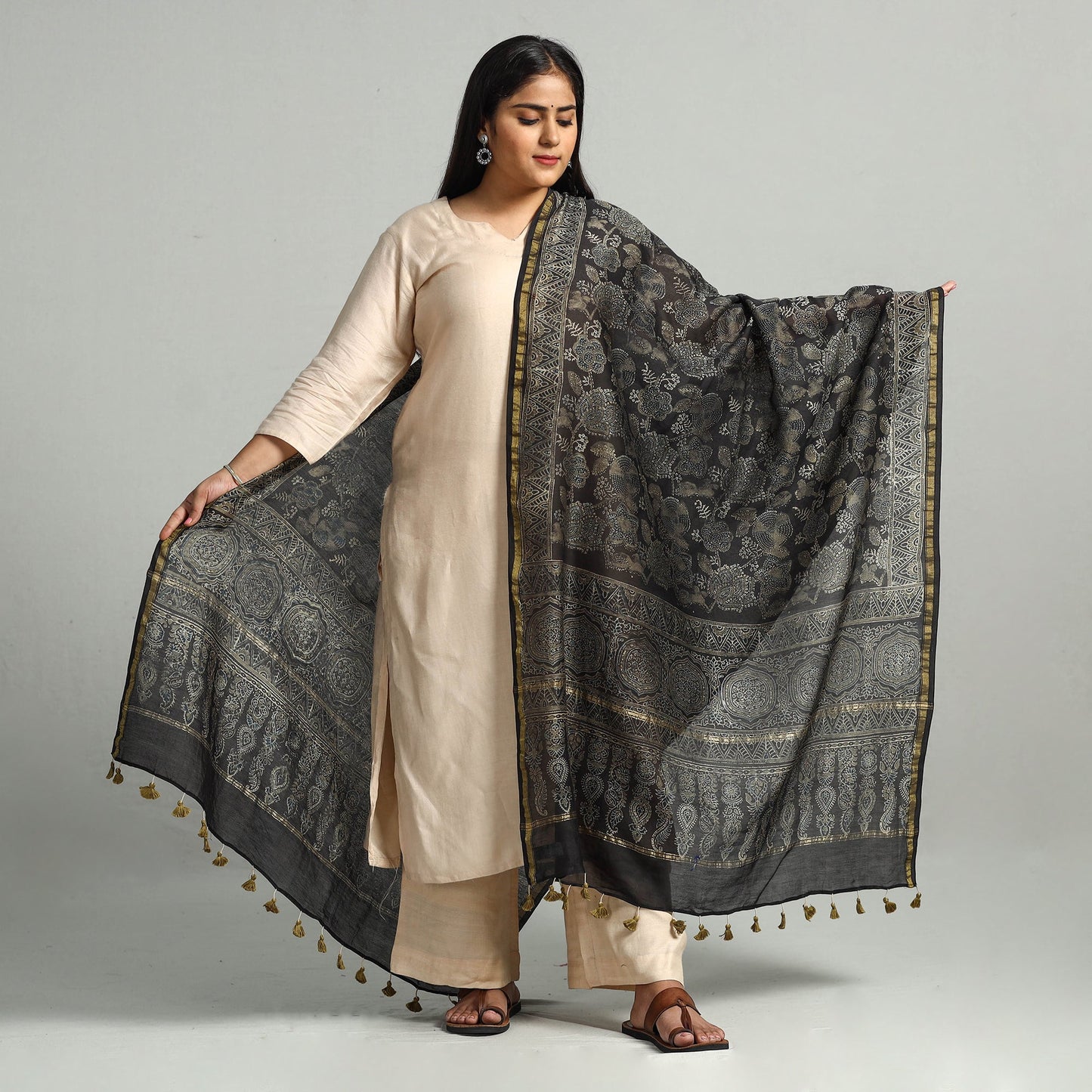 Black - Block Print Chanderi Silk Handloom Ajrakh Dupatta 20