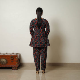 Black - printed cotton bagru co-ord set with lace work 02
