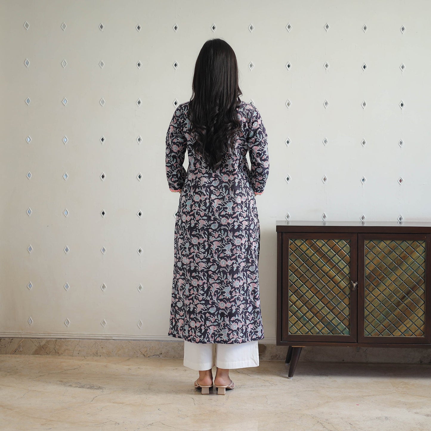 Black Block Printed Cotton Gota Work Long Sanganeri Kurta for Women
