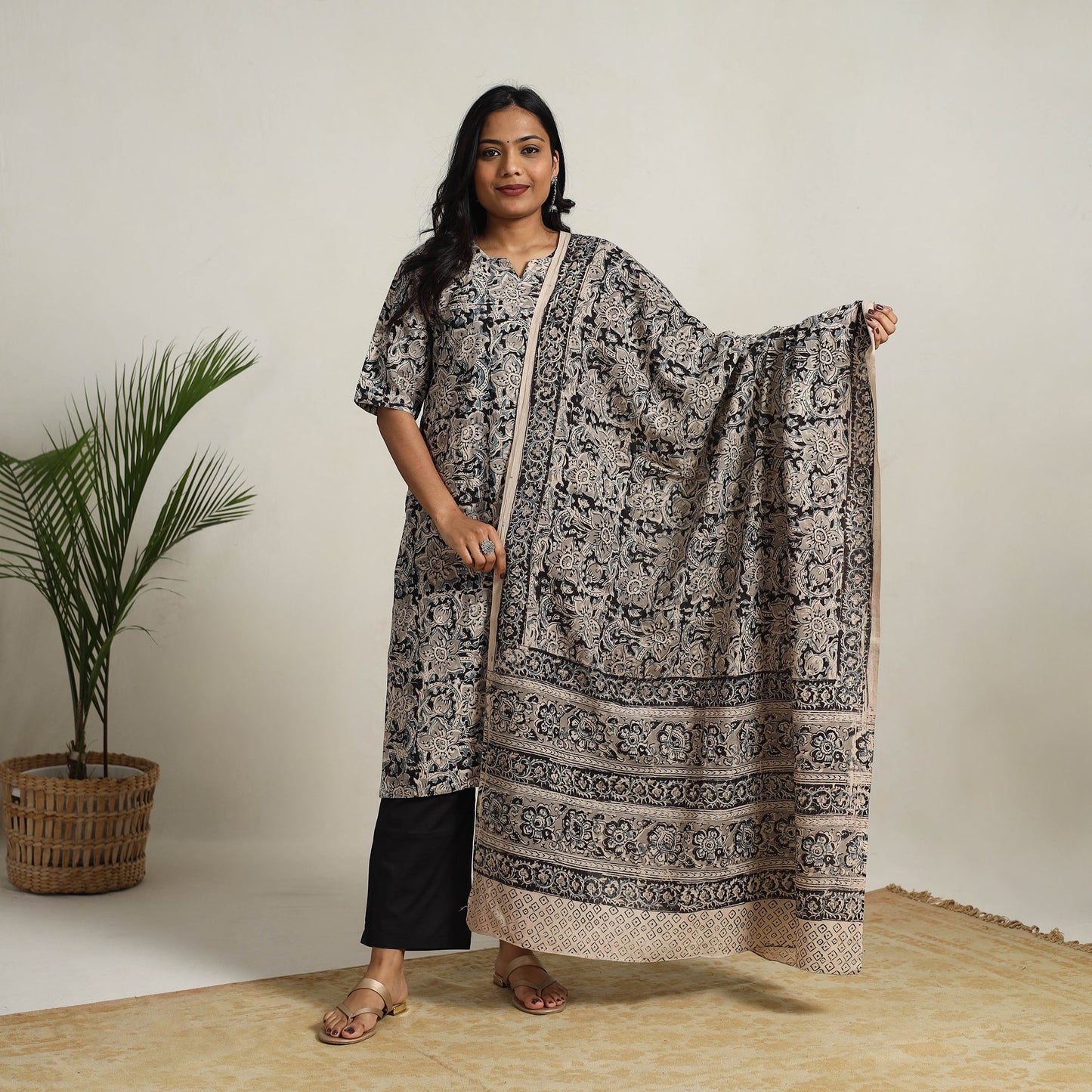 Black - printed cotton kalamkari kurta set 07 - handcrafted