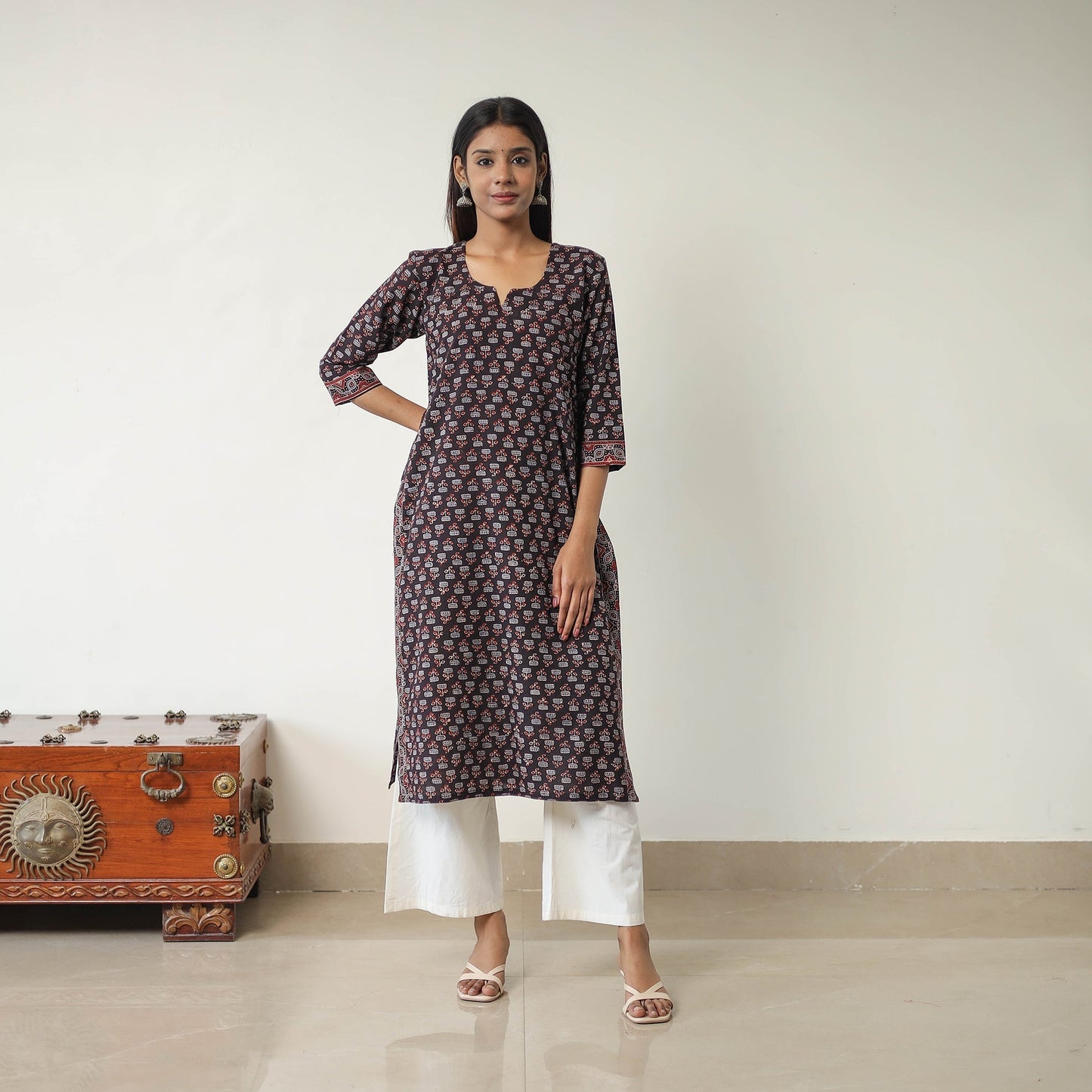 Black Block Printed Cotton Straight Ajrakh Kurta for Women