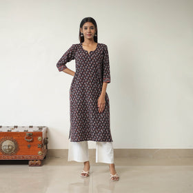 Black Block Printed Cotton Straight Ajrakh Kurta for Women