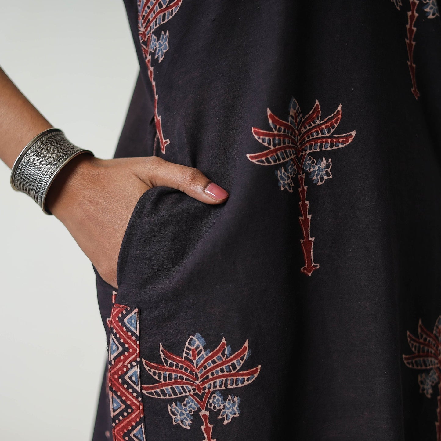 Black Block Printed Cotton Straight Ajrakh Kurta for Women
