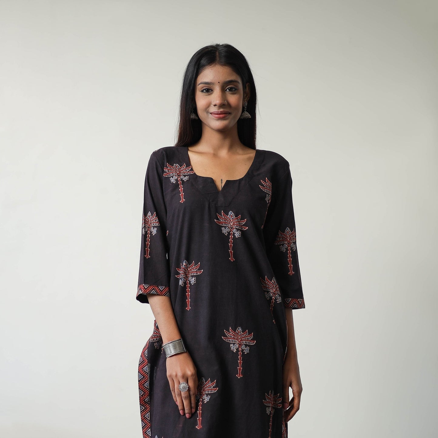 Black Block Printed Cotton Straight Ajrakh Kurta for Women