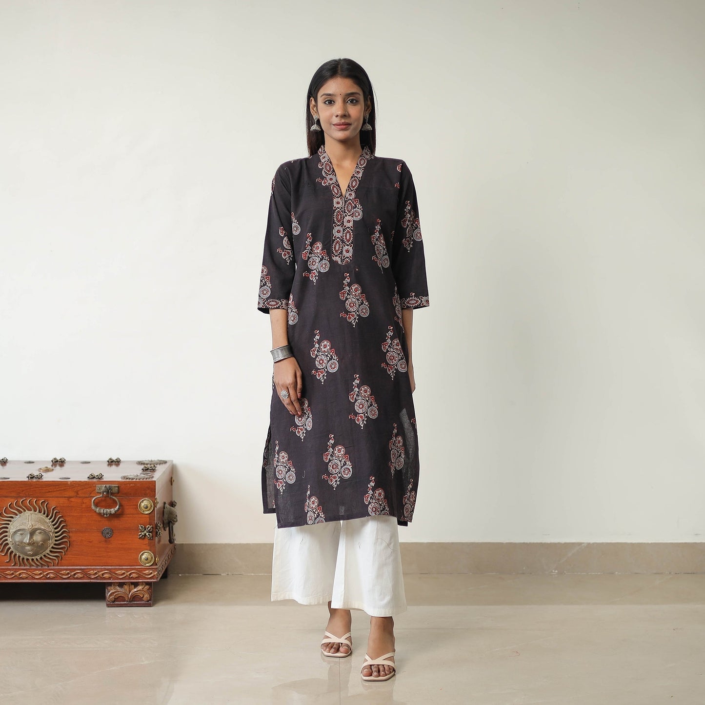 Shop Black Block Printed Cotton Straight Ajrakh Kurta Online