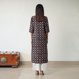 Shop Black Block Printed Cotton Straight Ajrakh Kurta Online