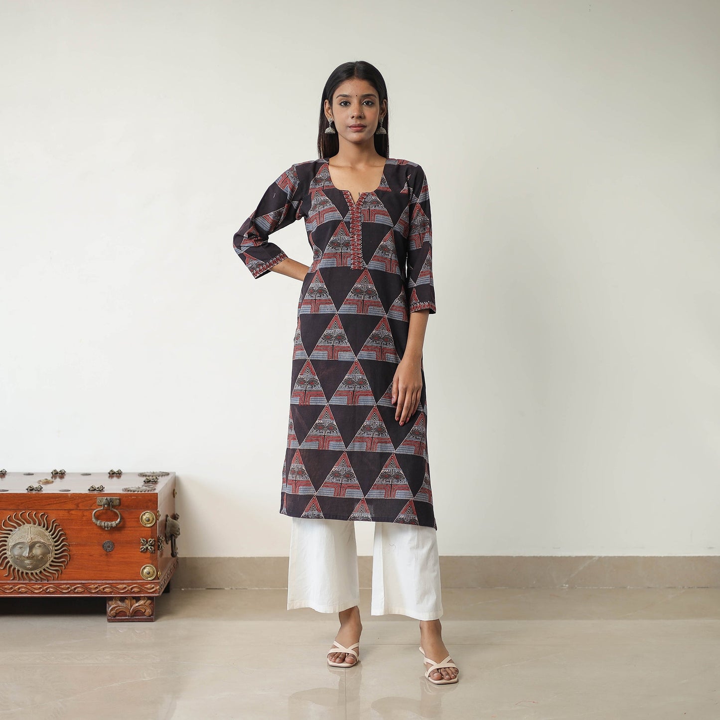 Black Block Printed Cotton Straight Ajrakh Kurta for Women