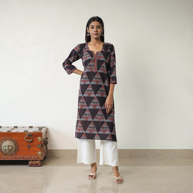 Black Block Printed Cotton Straight Ajrakh Kurta for Women