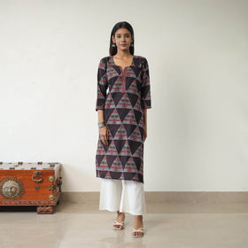 Black Block Printed Cotton Straight Ajrakh Kurta for Women