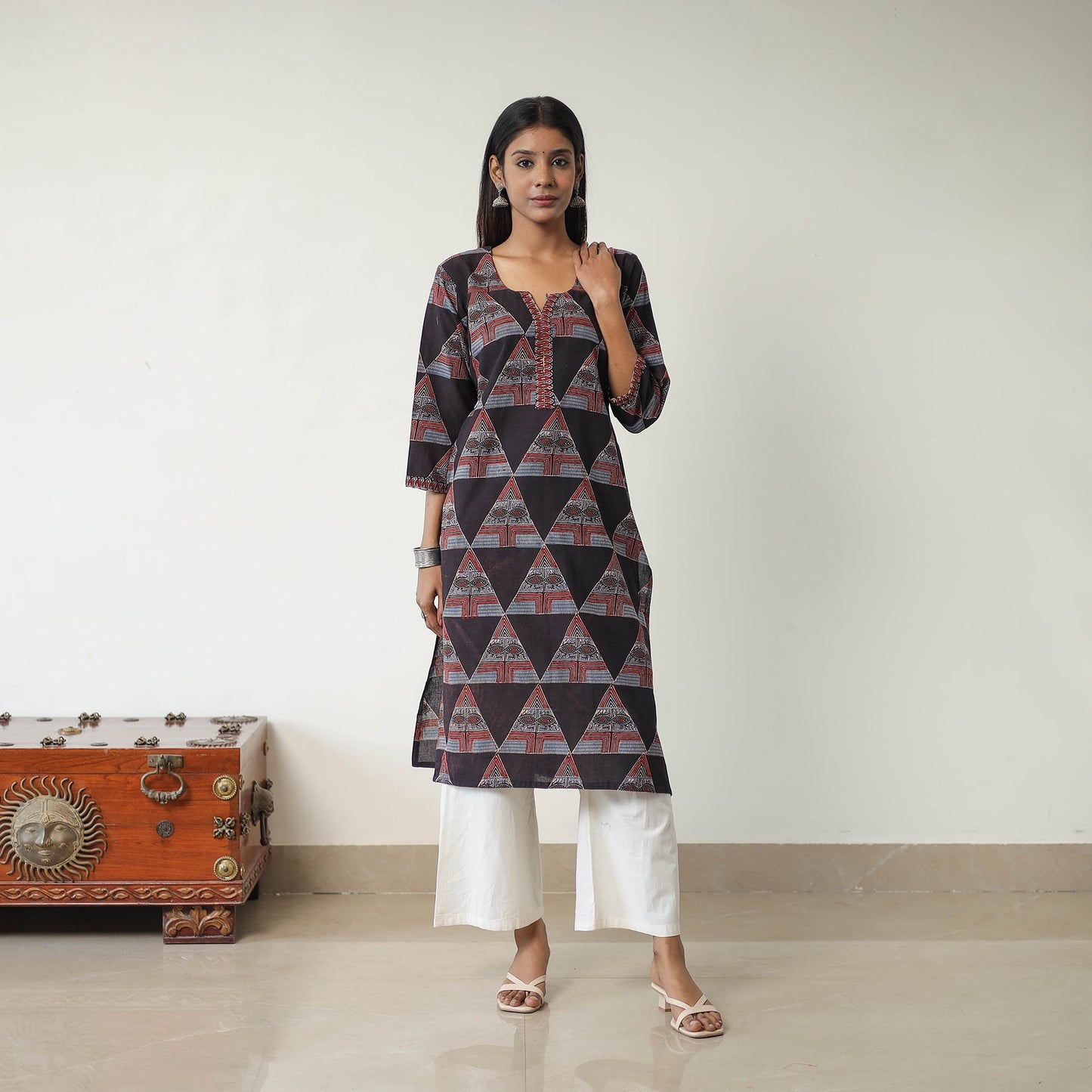 Black Block Printed Cotton Straight Ajrakh Kurta for Women