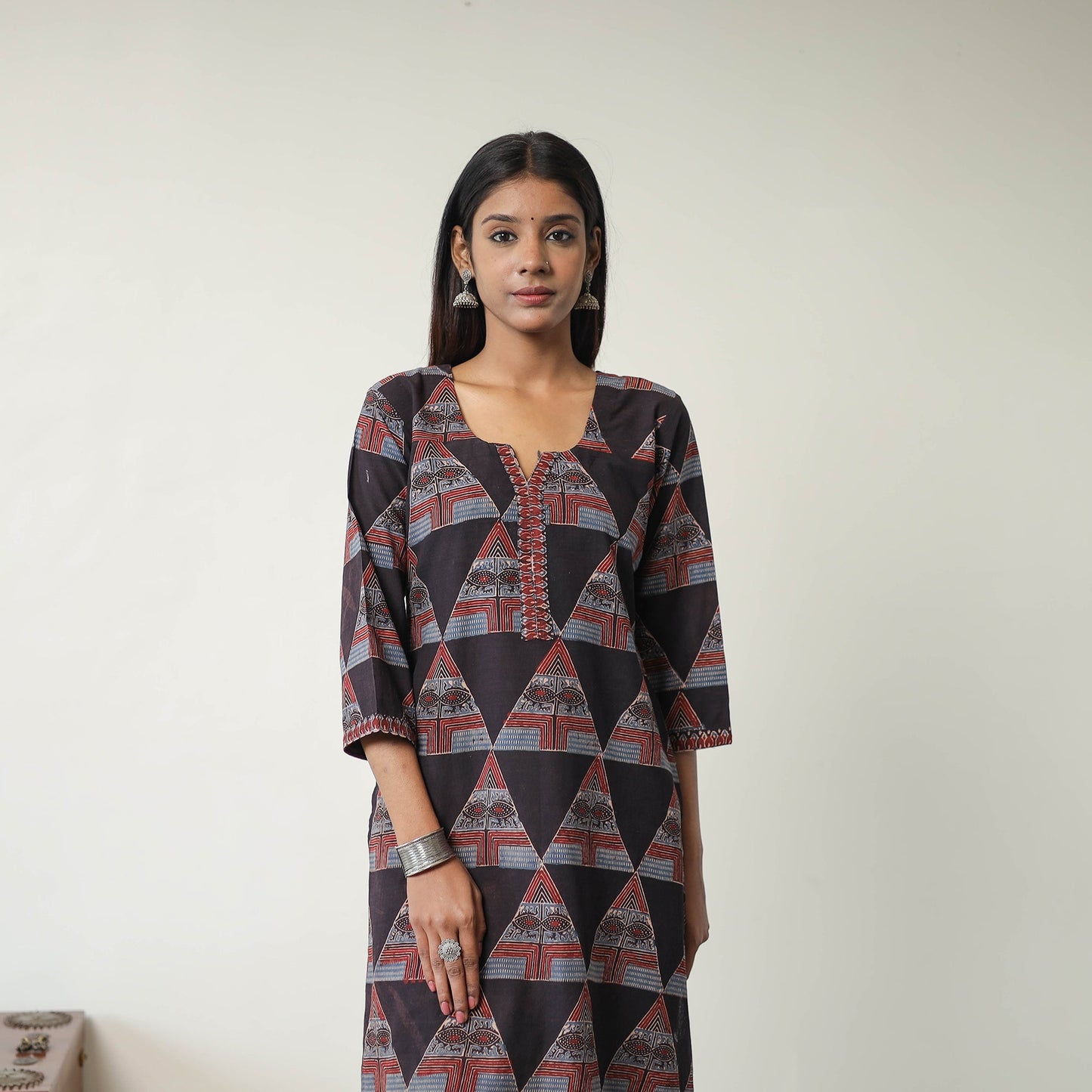 Black Block Printed Cotton Straight Ajrakh Kurta for Women