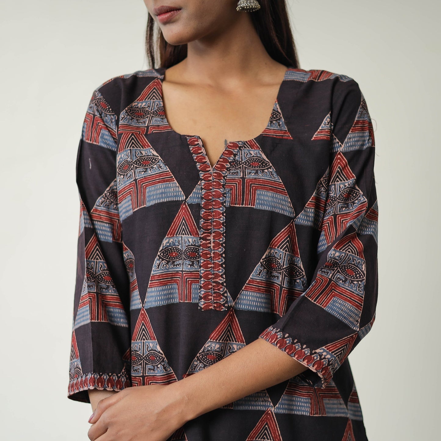 Black Block Printed Cotton Straight Ajrakh Kurta for Women