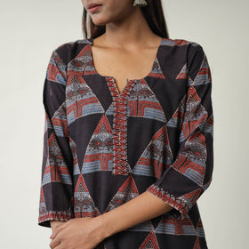 Black Block Printed Cotton Straight Ajrakh Kurta for Women
