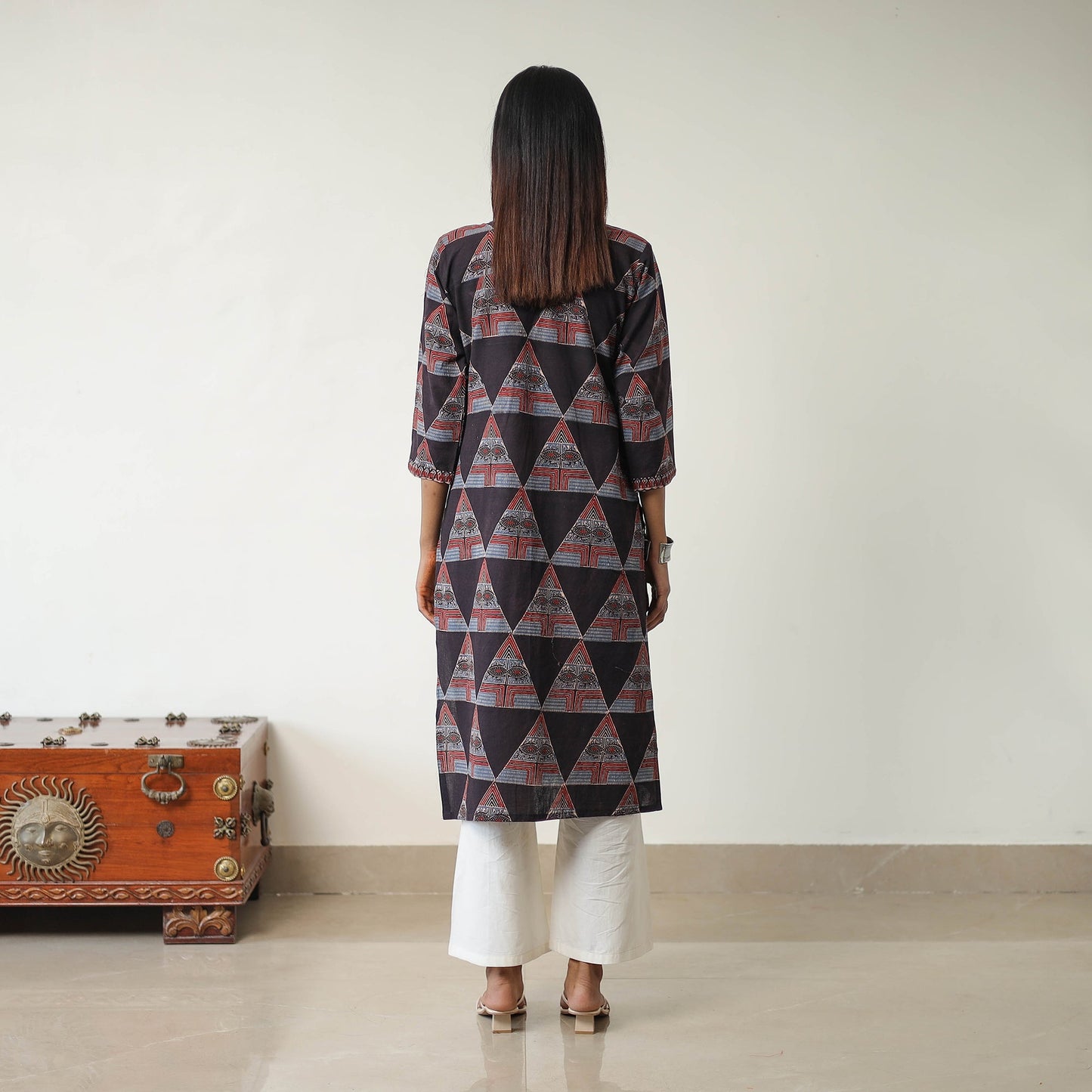 Black Block Printed Cotton Straight Ajrakh Kurta for Women